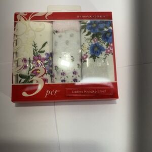 Max Grey VTG Ladies Handkerchief 3pcs Embroidered Print Cotton Floral Retro